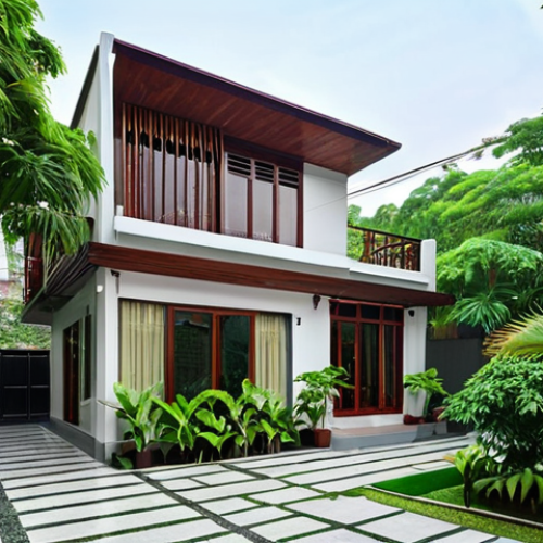 Home 23 **
Prompt: "A tranquil Vietnamese home exterior. Lush, dense green foliage acts as a natural sound barrier, buffering the house from a busy Hanoi street. The house features Low-E glass windows. The overall mood is peaceful and serene, showcasing the benefits of thoughtful landscape design for noise reduction. Focus on the Vietnamese architectural style, using local plants like si trees, banyan trees, and loc vung."
**
