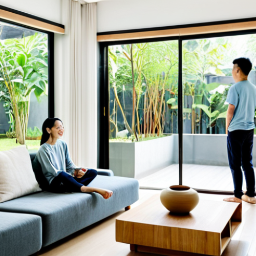 Home 20 **
"A bright, airy living room in a modern Vietnamese home, large windows showcasing a lush garden, filled with natural light. The space features minimalist Scandinavian-inspired furniture made of light wood, potted plants, and a handmade ceramic vase on a low table. Fully clothed family members are visible in the background, enjoying the space. Safe for work, appropriate content, fully clothed, perfect anatomy, natural proportions, professional photography, high quality, modern interior design."
**