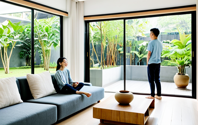 **
"A bright, airy living room in a modern Vietnamese home, large windows showcasing a lush garden, filled with natural light. The space features minimalist Scandinavian-inspired furniture made of light wood, potted plants, and a handmade ceramic vase on a low table. Fully clothed family members are visible in the background, enjoying the space. Safe for work, appropriate content, fully clothed, perfect anatomy, natural proportions, professional photography, high quality, modern interior design."
**