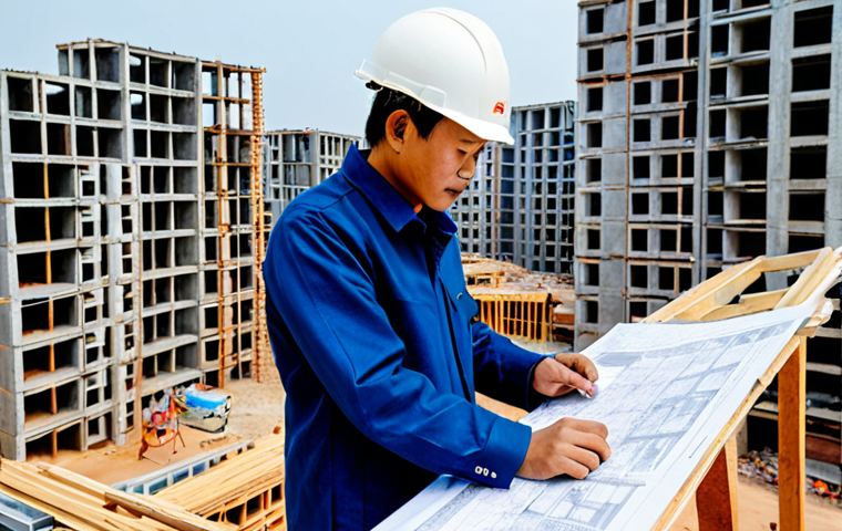 **
"A Vietnamese architect in professional attire, reviewing blueprints on a construction site in Hanoi, with a focus on modular design elements and cost-effective materials like unburnt bricks. The background shows partially completed buildings utilizing prefabricated components. The scene is brightly lit, emphasizing sustainability and efficiency. fully clothed, safe for work, appropriate content, perfect anatomy, natural proportions, professional architecture photography, high quality, modest."
**
